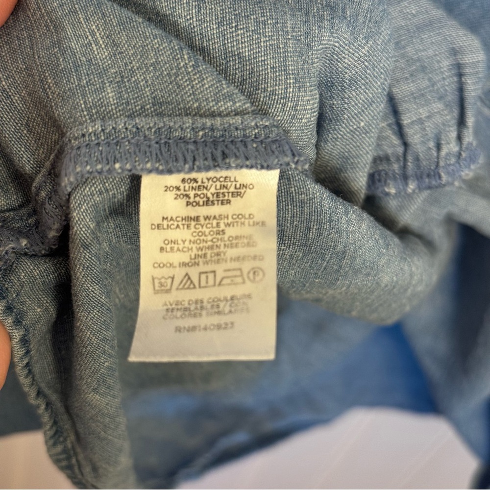 LOFT Linen Blend Blue Denim Tiered Short Sleeve Dress Size Large - Picture 6 of 9